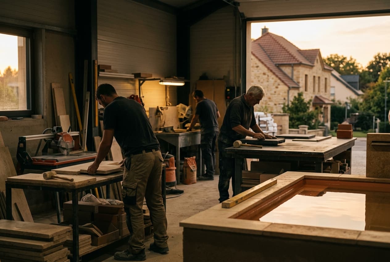 L'équipe d'artisans piscinistes Klein dans son atelier de Mamer