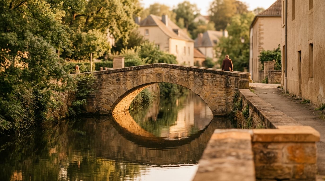 Vue de Mamer, pont de pierre ancien et verdure, lumière chaude
