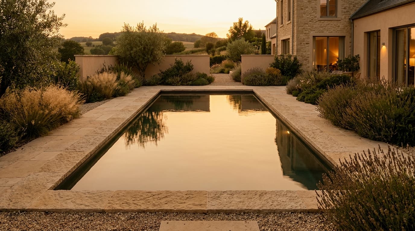 Piscine résidentielle au coucher de soleil à Mamer, margelle en pierre chaude