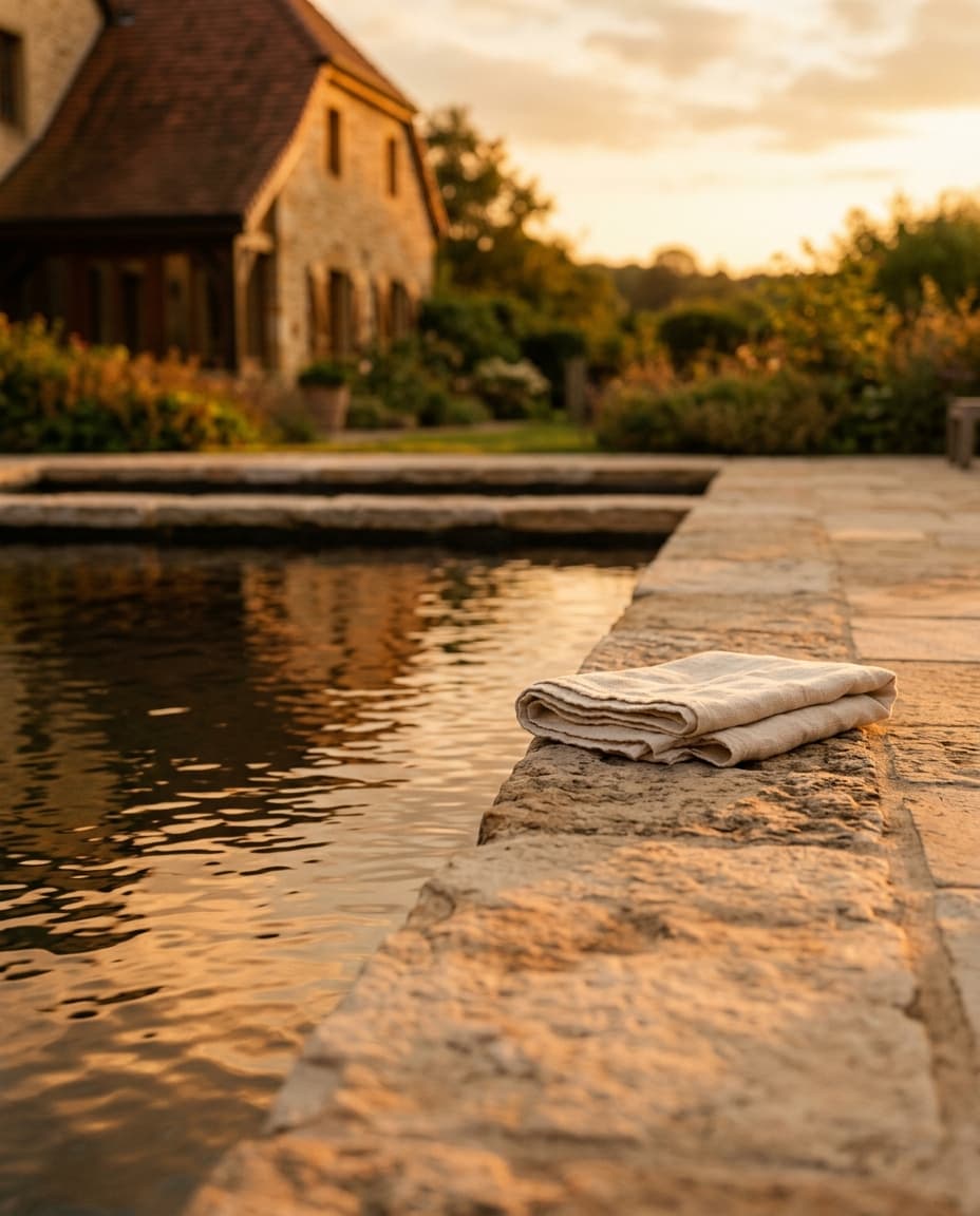 Détail d'une margelle en pierre chaude au coucher du soleil, linge crème posé