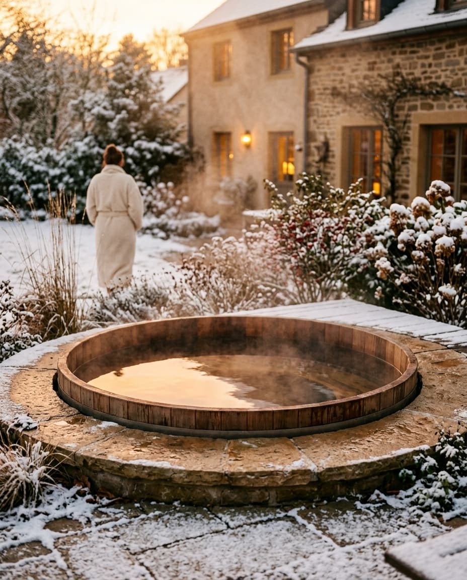 Spa extérieur en bois dans un jardin en hiver, vapeur douce, margelle en pierre chaude